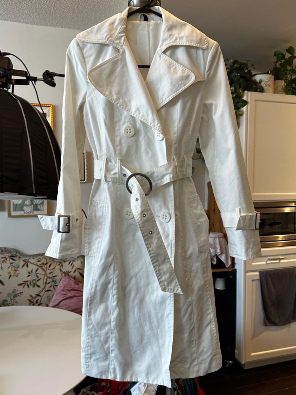 Vintage early 2000’s Le Chateau White Double-Breasted Trench Coat with Belt